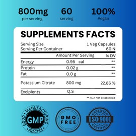 Potassium Citrate 800 mg High Absorption Potassium Supplement - 60 Servings Supports Electrolyte Balance - Pure and Potent