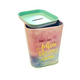 Novelty Kids Money Box with Lid - Novelty Money Box - Great value money box that can also be used as a pen tin (Don't Just Follow Your Dreams Chase Them)