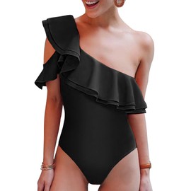 Hilor Women's One Piece Swimsuits One Shoulder Swimwear Asymmetric Ruffles Bathing Suits Black 10