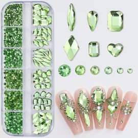 Green Nail Art Rhinestone, 3D Crystal Nail Diamond Gem, Flatback Rhinestones Multi Shapes Sizes Nail Design for Women Girls Manicure Charms Decorations, DIY Jewelry Making Craft Supplies