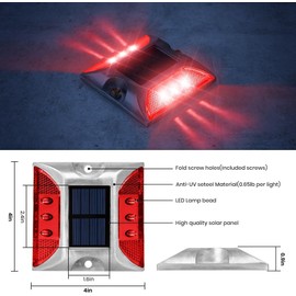 NPKRRSK Solar Raised Pavement Marker High Brightness IP68 Waterproof Reflective Road Marker Solar Driveway Dock Lights Sidewalk Stair Garden Pathway Walkway（6 Pack） (Red, Keep Light)