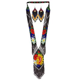 Weavish Long Beaded Necklace – Boho Native Handmade Seed Bead Tassel Necklace, Bohemian Large Statement for Women (Black yellow)