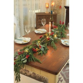 Konosnd Real Touch Norfolk Pine Garland with Lights, Red Berries and Eucalyptus Leaves, Christmas Garland for New Year and Home Decoration, 6FT