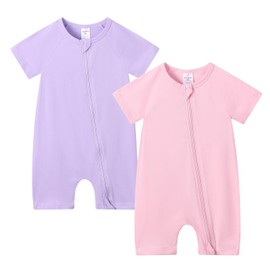 JunNeng Baby 2 Pack Short Sleeve Rompers Infant Cotton 2-way Zippers Comfy Summer Jumpsuit Z Pink+Purple 18-24 Months