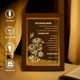 PUREFLY Engraved Acrylic Night Light, Happy Birthday Gift for Mom from Son, Mother's Day Christmas Decorations Gifts Ideas, USB Low Power Night Lamps, 6.7"x5.1"