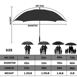 ZDSSM Umbrella Golf 54/62/68/72 Inch Extra Large Oversize Umbrellas for Rain Windproof Automatic Open Double Canopy Vented Stick Umbrellas for Men and Women(Black 54 Inch)