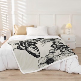 Gothic Skull Sherpa Blanket Decorative Death Moth and Flowers Plush Blanket for Bed Sofa Couch Decor Pesonalized Skeleton Bones Fleece Throw Blanket Black Cream Fuzzy Blanket Throw 50"x60"