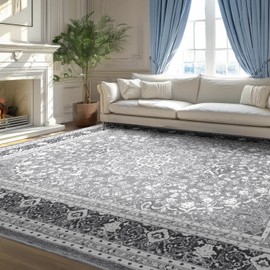 Lessymo Area Rugs 9x12 Living Room- Large Area Rug Machine Washable Area Rug for Bedroom Living Room, Vintage Rugs Boho Floral Medallion, Non-Slip Rubber, Low Pile, Kid & Pet Friendly, Grey White