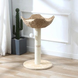 SHENGOCASE Small Cat Tree Tower with Rattan Wicker Basket, Handwoven Nest Basket Bed, Window Perch for Large Cats up to 25LBS