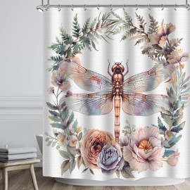 VODRM Floral Dragonfly Shower Curtain- 72x72 Inch Floral Botanical Bathroom Decor with 12 Hooks - Elegant Nature Waterproof Curtains - Modern Home Rustic Decoration Gifts for Women,72x72in