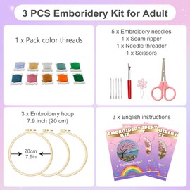 Huacan Embroidery Kit for Adults Beginners with 3 Hoops & Gift Box