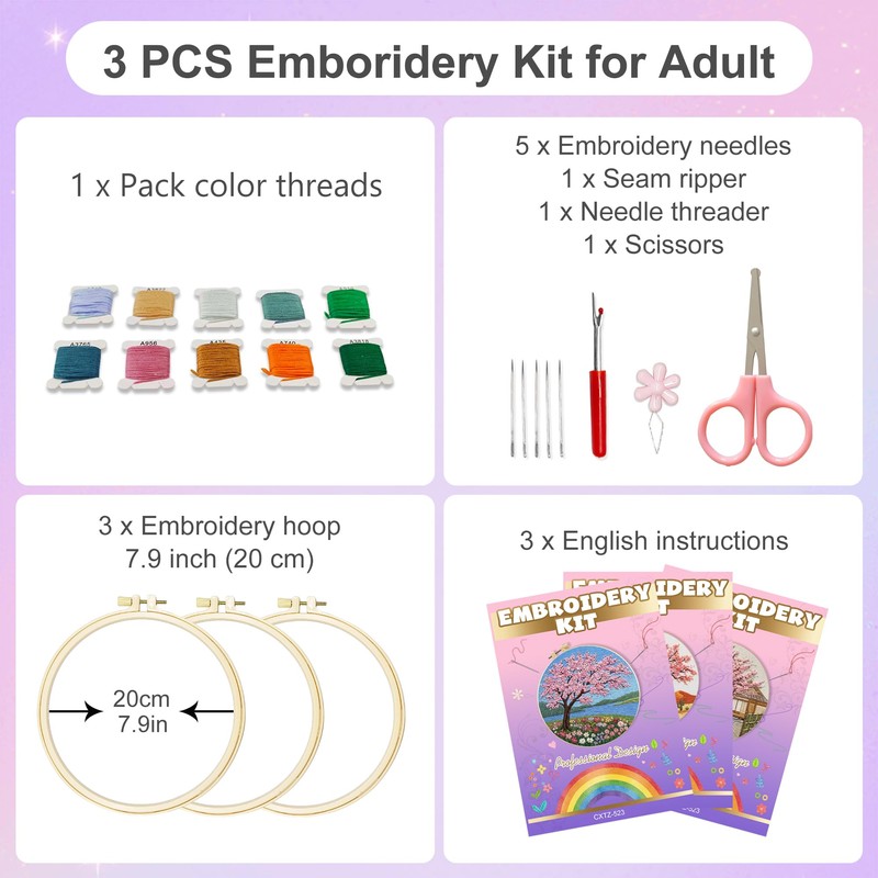 Huacan Embroidery Kit for Adults Beginners with 3 Hoops &