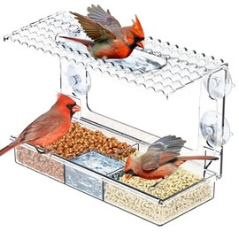 Comederos de pájaros de acrílico para ventana con fuertes ventosas para visualización en ventana y balcón, comedero para pájaros silvestres transparente con baño y agua combinados, comedero de pájaros