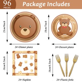 96 Pieces Bear Party Plates and Napkins for Baby Shower Table Supplies We Can Bearly Wait Baby Tableware Brown Bear Theme Dessert Plates Forks Decorations for 24 Guests Party Favors