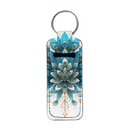 Uskorhein Peacock Feather Turquoise Lip Balm Holder Keychain Clip-on Sleeve Retro Peacock Hand Drawing Lip Balm Holder Lipstick Keychain Holder for Women Men