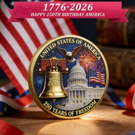 America 250 Merchandise USA 250th Anniversary Commemorative Coin 1776-2026 250th Anniversary US Coin Bald Eagle Statue of Liberty Bell America 250 Collectible Challenge Coin for Collectors (A)