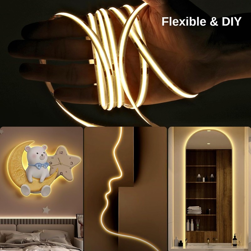 COB LED Strip Light Warm White 3000K, 32.8ft Dimmable Bright
