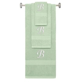 BY LORA Custom Embroidered Terry Cotton Ring Spun Bath Towel, Hand Towel and Washcloth Set - Mint Green Towel Set, White Chancery Initial B