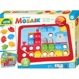 Lena 35633 x My First Mosaic with 36 Plugs, Mosaic Stones with Diameter 32 mm, Mosaic Game with 7 Plug-In Templates, Plug-In Game for Children from 2 Years, Mosaic Craft Set, Colourful