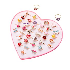 TFSYLISA Pack of 36 Children's Rings Girls, Adjustable Rings Children with Heart Shape Display Case, Princess Jewellery Set for Children Birthday Party Favours, Plastic, No Gemstone