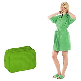 NobleHomeShop Women's Waffle Weave Thigh Length Bathrobe and Make-Up Bag (BUNDLE! Perfect For College!) (One Size, Lime Green)
