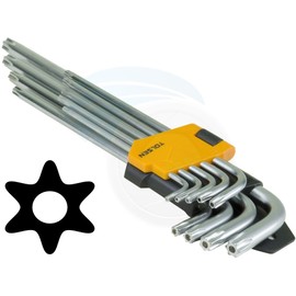 TOLSEN 9pcs Extra Long Arm Torx Hex Key Set Star with Shaft Pin Slot Wrenches