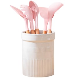 VAGREEZ Ceramic Utensil Holder for Kitchen Counter - 6.9" Stable Utensil Crock - Farmhouse Utensil Organizer and Morden Cooking Tools Organizer for Kitchen Decor, White