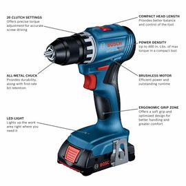 Bosch GSR18V-400B12 18V Compact Brushless 1/2 In. Drill/Driver Kit with (1) 2 Ah Standard Battery
