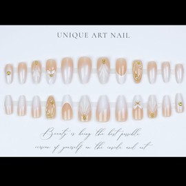 Almond Press on Nails Medium Fake Nails White French Tip False Nails with Stereoscopic Gilding Design Cute Flower Stick on Nails Glossy Acrylic Glue on Nails Artificial Nails for Women Manicure 24Pcs