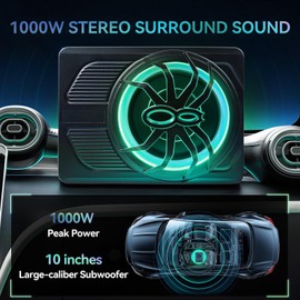 1000W Car Subwoofer with APP Control and Colour Light, 10'' Slim Under Seat Powered Car Subwoofer w/Built-in Amplifier & Hi/Lo Input, Bass Speaker Subwoofer for Car/Truck/SUV/Jeep/MPV
