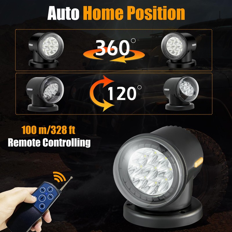 Remote LED Search Lights for Truck, Auto-Reset 360 Rotating Spot