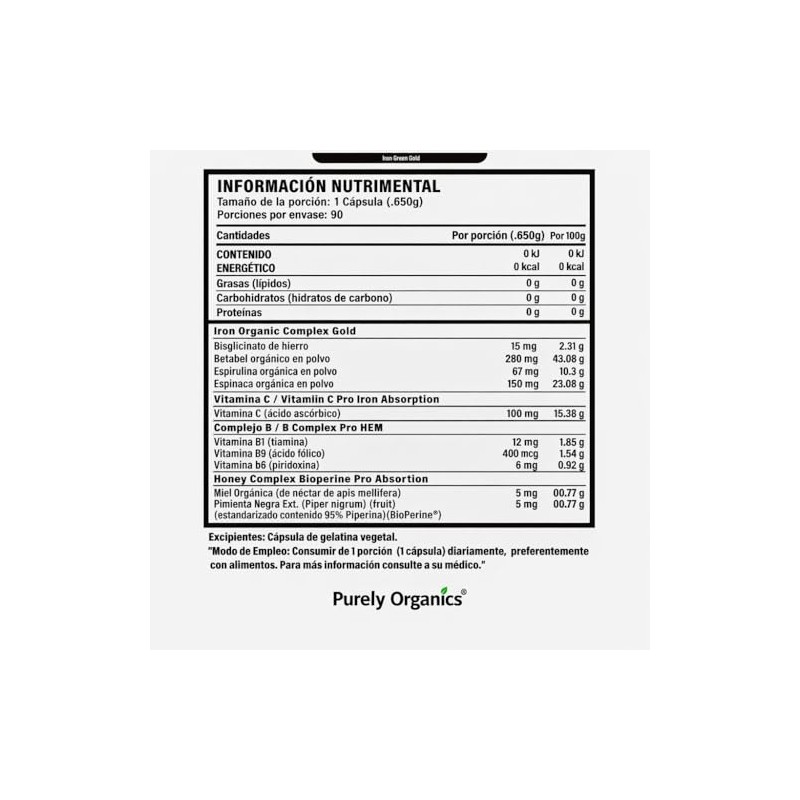 Irongreen Hierro Suplemento Bisglicinato Vitamina Complejo Betabel Espirulina Espinaca Bioperine