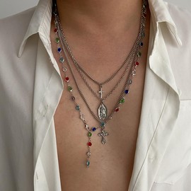 MSSIEJEW Gold Layered Cross Necklace for Women Gold Long Crystal Chain Layered Cross Pendant Stackable Necklace Jewelry(Silver)