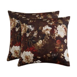 StangH 18x18 inch Floral Throw Pillow Covers, Brown Velvet Blossom Decorative Square Cushion Covers Super Soft Seasonal Vintage Pillowcases for Couch Bed Sofa, Pack of 2