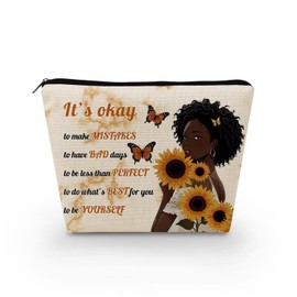 Livel lhood African American Makeup Bag Cute Small Canvas Organizer Zipper Pouch It's Okay To Be Yourself Cosmetic Bag Inspiring Birthday Present for Black Women Friends, asnt0747, Small