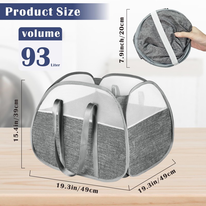 BOSNONA 2 Pack Large Collapsible Laundry Baskets 93L Pop Up