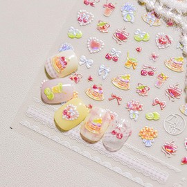 5D Embossed Shortcake Nail Stickers for Nail Art Pink Bow Heart Nail Decals Summer Cute Stickers for Nails Designs Self Adhesive Nail Supplies & Decorations for Women Girls 1 Sheet
