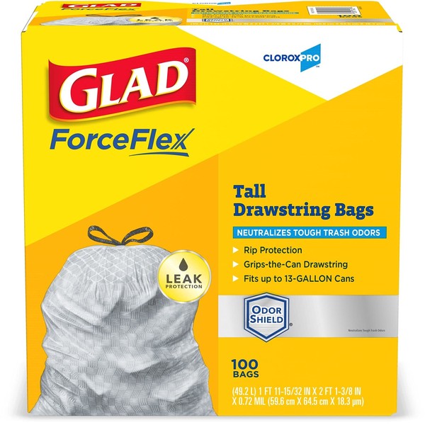 Glad ForceFlex Tall Kitchen Drawstring Trash Bags, Clorox 13 Gallon Trash Bags for Tall Trash Can, Industrial Cleaning, Unscented, 100 Count - 70427