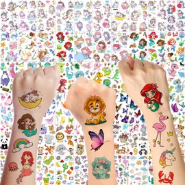FANRUI 60 Sheets 500+ Patterns Cartoon Temporary Tattoos For Kids Girls, Groovy Cute Mermaid Unicorn Dinosaur Butterfly Temp Fake Tattoo Stickers, Small Animals Summer Tatoos Tatuajes Temporales Child