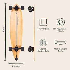 Retrospec Zed Pintail Longboard Skateboard Complete Cruiser | Bamboo & Canadian Maple Wood Cruiser w/Reverse Kingpin Trucks for Commuting, Cruising, Carving & Downhill Riding