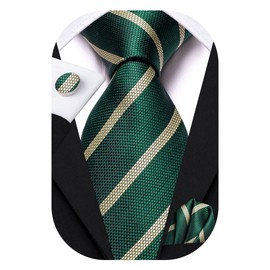 Hi-Tie Mens Tie Set Silk Green Striped Necktie with Pocket Square Cufflinks Set Formal Necktie for Wedding Business