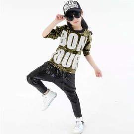 LOLANTA Kids Dance Costume Boys Girls Sequins Hip Hop Clothes 80s 90s Outfits Shiny Dress Up Dancewear(Dark Gold,10-12)