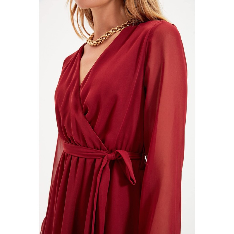 TRENDYOL Women's Midi Ruffle Hem Fitted Dress, burgundy