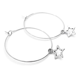 Star Charm Hoop Earrings, Silver Tone Nickel Free Hoops with Small Hollow Stars : 35mm Diameter, Elegant Everyday Jewellery for Women