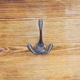 EAI Cast Iron Triple Coat Hook 1883 Antique Coat and Hat Rack Hook Hand Forged Self Coloured with Screws
