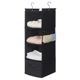 MAX Houser 4-Shelf Hanging Closet Organizer, Space Saver, Cloth Hanging Shelves with 2 Side Pockets, Foldable (Black)