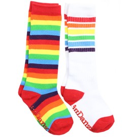 juDanzy 2 Pack of Baby, Toddler and Kids Knee High Tube Socks for Boys and Girls with Grips (2-4 Years, White with Rainbow & Rainbow Stripes)
