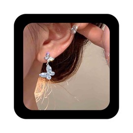 Cimenexe Bohemian Crystal Butterfly Dangle Earrings Blue Cz Butterfly Drop Earrings Double Cz Paved Butterfly Stud Earrings Blue Rhinestone Butterfly Earrings Jewelry for Women