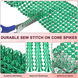 M METERXITY 1 Yard Sew Stitch on Spikes Stud Cone 12Rows Plastic Grass Green Spike Rivet with Flat Back Punk Rock Trim Mesh Bead for DIY Crafts/Clothes/Shoes/Bags