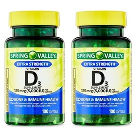 Generic Spring Valley Vitamin D3 Softgels, 5000 IU, 100 Count, 2 Bottles for a Total of 200 Count